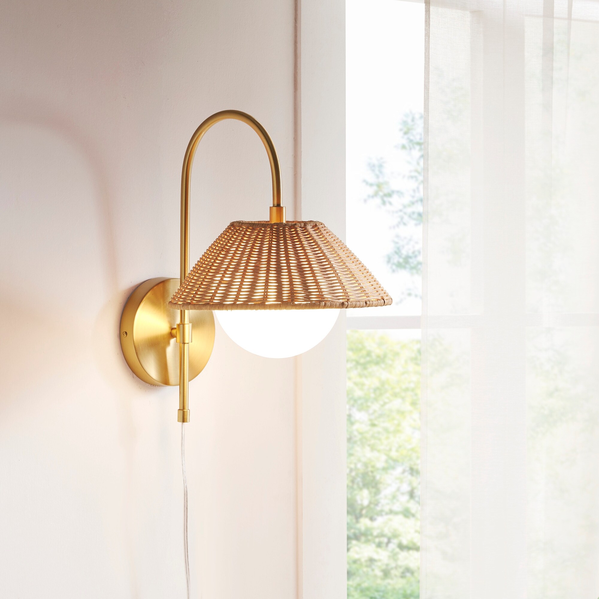 Rattan wall sconce plug in hot sale